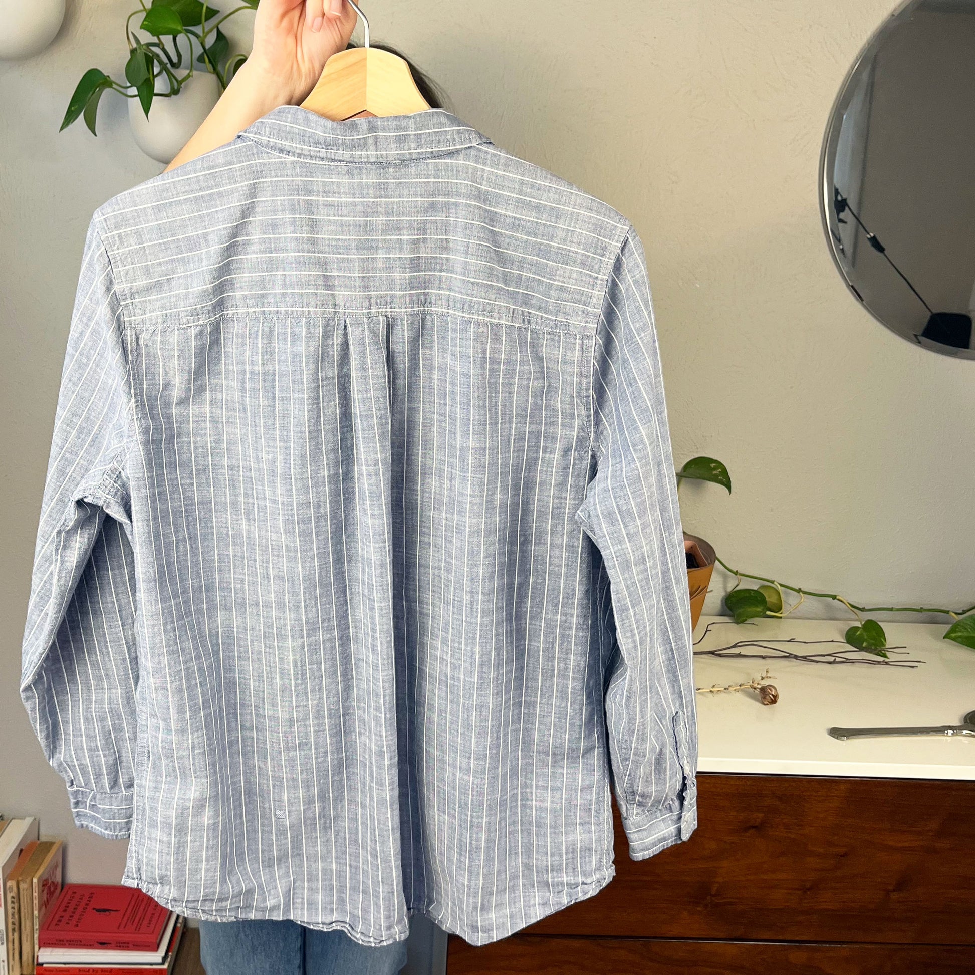 back view of a striped chambray shirt being held up on a hanger in front of a table with books on it and a dresser and wall with plants on it