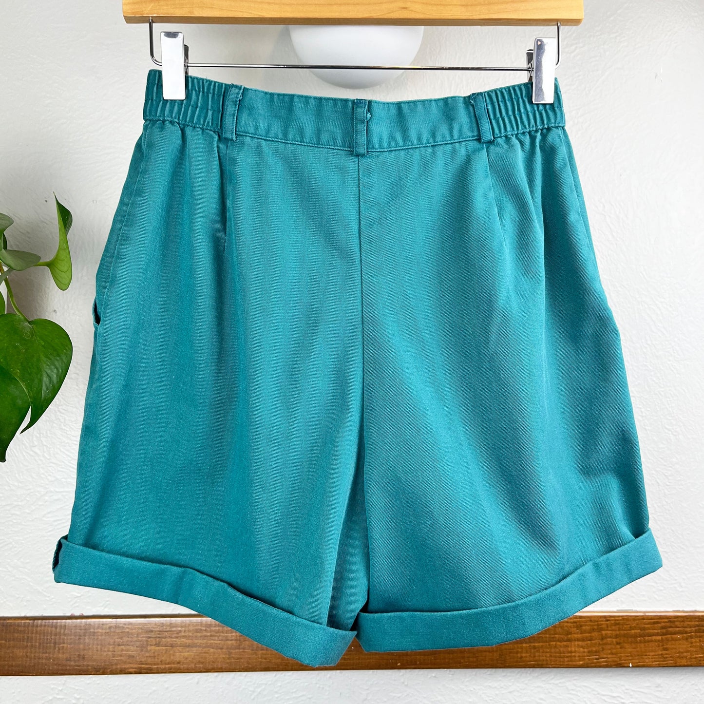 back view of a pair of pleated green high waisted shorts, hanging near a pothos plant